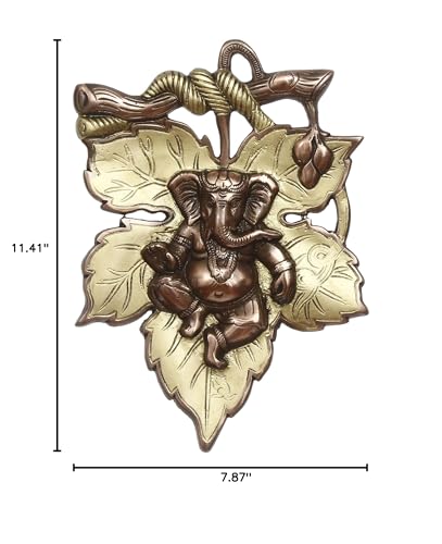 Ecraftindia Golden And Copper Finish Lord Ganesha On Creative Leaf Metal Wall Hanging - Decorative Hindu God Idol For Home, Livi